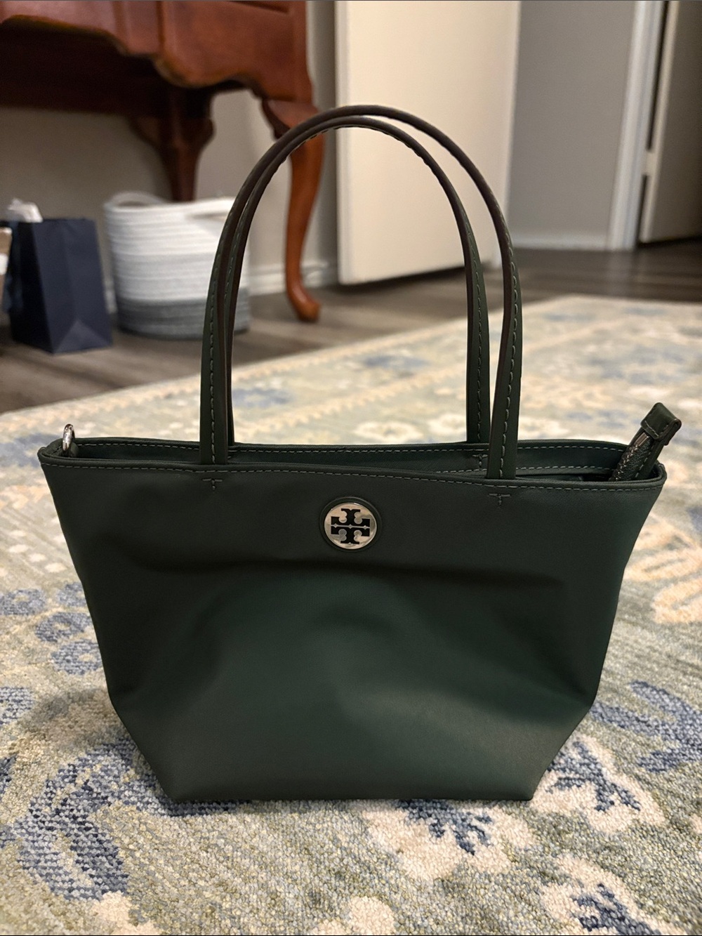 Tory Burch Deep Green Mini Nylon Tote w/detachable strap